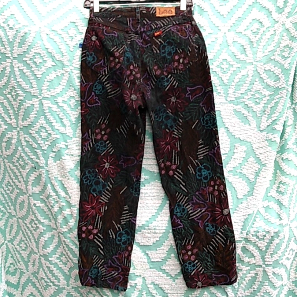 RARE 80s VINTAGE 26 High Waist 27L MOD PRINT CORDUROY BLACK  LEE JEANS Size 8